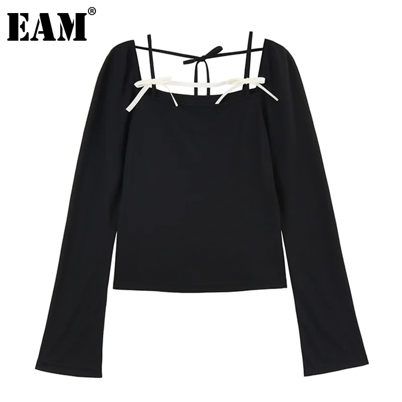 [EAM] Kobiety Czarny Slim Bandage Bow Hollow Out Slim T-Shirt Kołnierz Kołnierz Długie Rękaw Moda Wiosna Jesień 1DD6677 210512