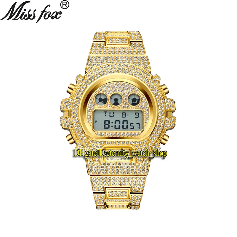 MissFox Eternity V304 Hip Hop Mens Klockor Multifunktion CZ Diamant Inlay Digital Dial Electronic Movement Men Watch Iced Out Diamonds Alloy Case Gold Strap