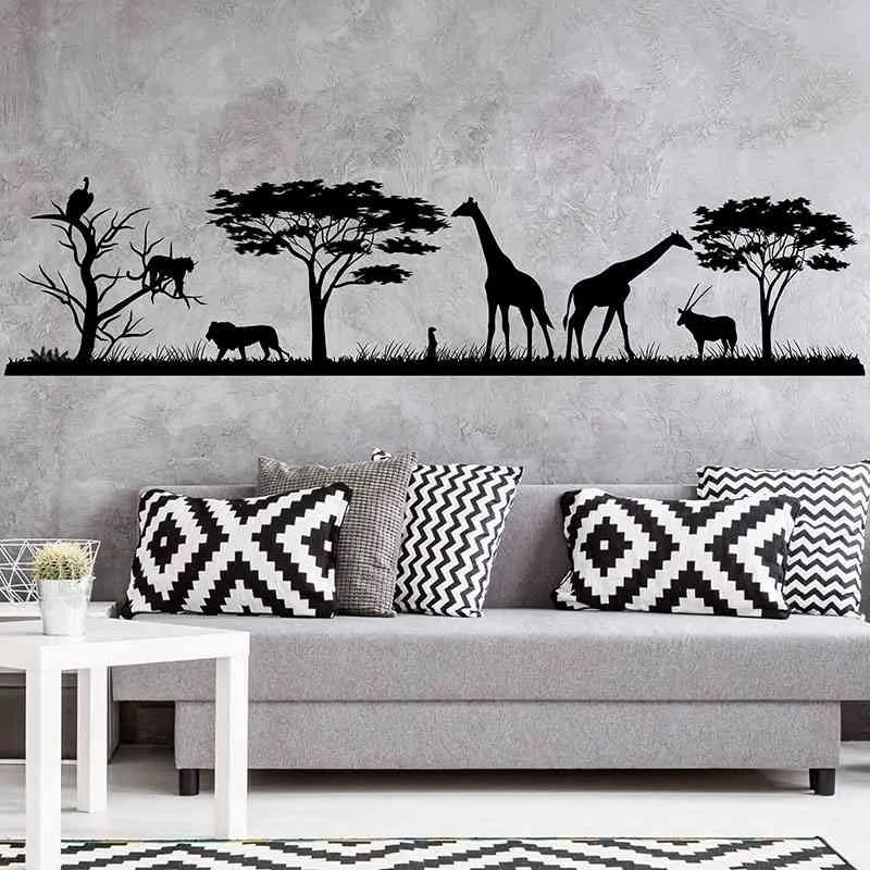 Afrikansk Safari Väggdekal Jungle Vinyl Klistermärken Dekaler Heminredning Animal Wall Vinyl Decal Nursery Decor Room Decoration 3117 210615
