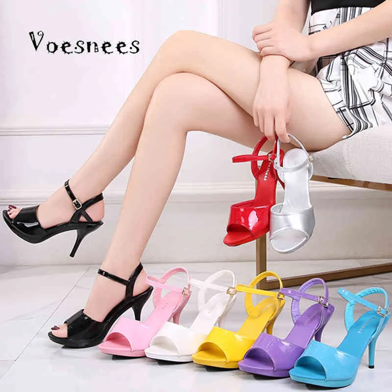 Voesnees marque sandales élégantes femme chaussures Sexy talons hauts pompes talon fin Banquet sandales colorées en cuir verni rouge Sexy chaussure X0523