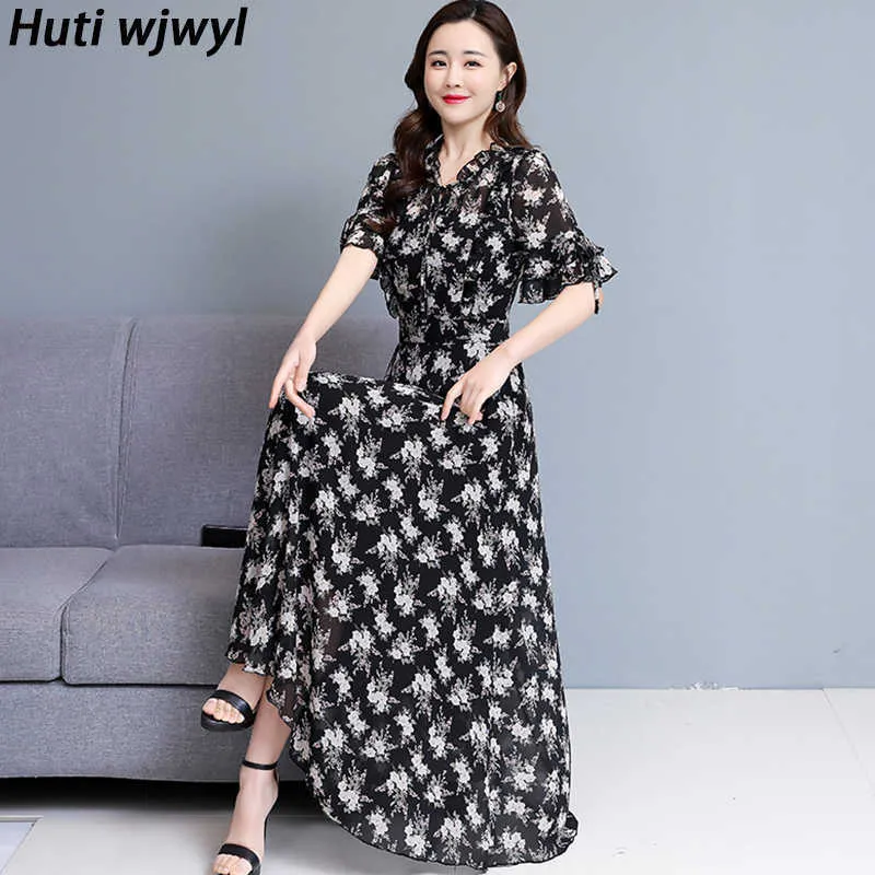 Summer Vintage Plus Size Boho Long Sundr2021 Korean Women Bodycon Party Maxi Vestido Floral Chiffon Black Casual Beach Dress X0621