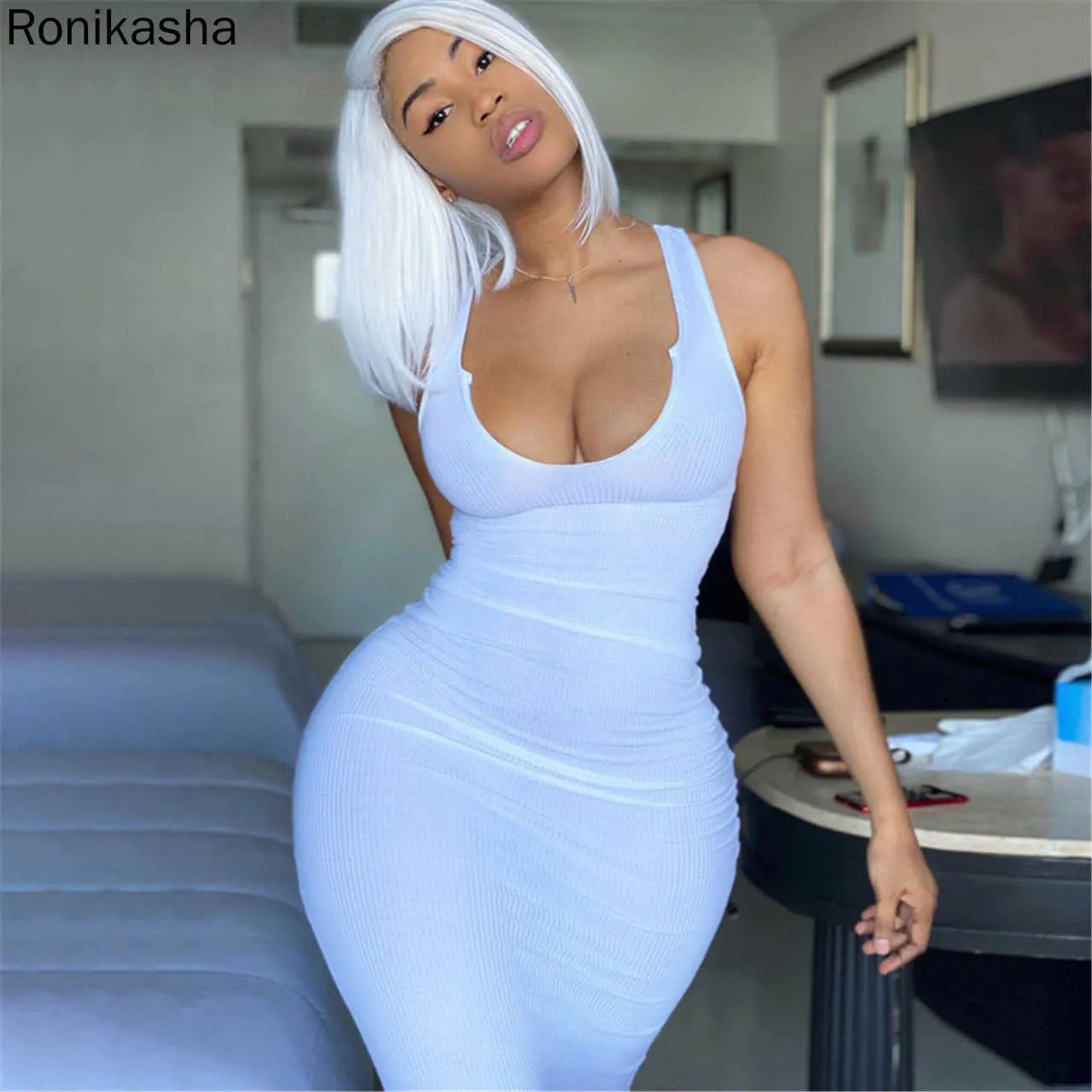 Ronikasha Kvinna Sexig Sommar Casual Slit Scoop Neck Ottoman Rib Club Beach Basic Long Bodycon Maxi Tank Dress Sun Klänningar Y0823