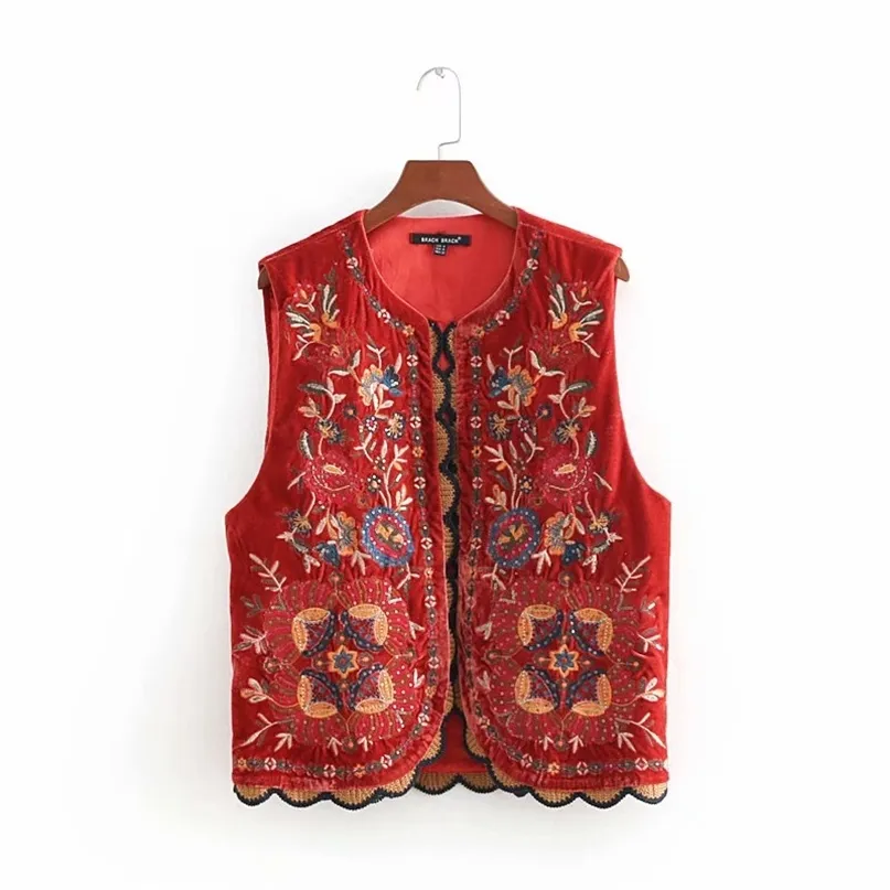 Women Vintage sequins flower embroidery vest jacket ladies retro national style patchwork casual velvet waistCoat CT154 210915