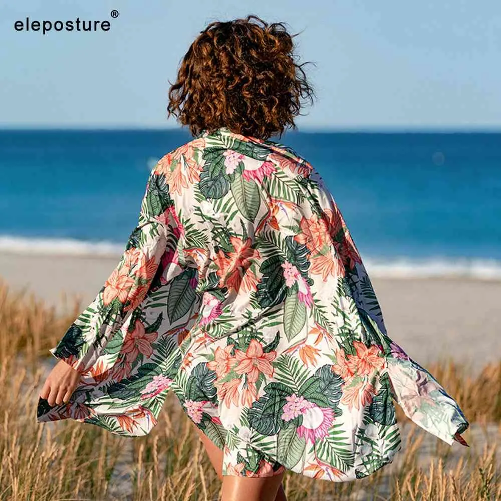 Liść Print Beach Cardigan Loose Cover Up Women Sexy Bikini Swimsuit Lato Nosić kostium kąpielowy 210521