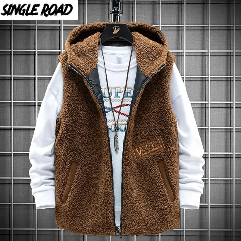 Singleroad Mens Winter Fleece Vest Män 2021 Brun Solid Ärmlös Jacka Man Hooded Coat Vindskyddad Bodywarmer Waistcoat Mäns Västar