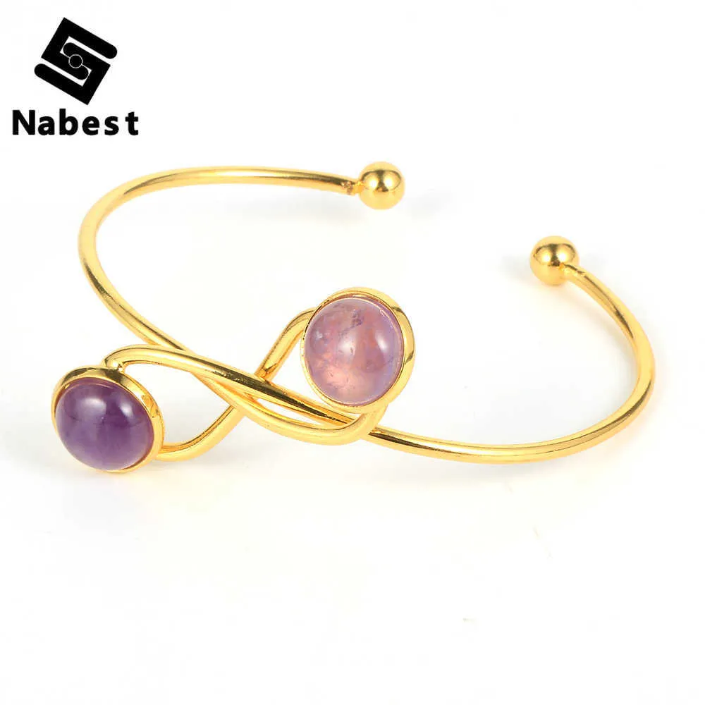 Women Natural Gem Stone Amethysts Tiger Eye Hollow Bow Bangle Lapis Lazuli Onyx Turquoises Crystal Open Copper Bracelet Jewelry Q0719