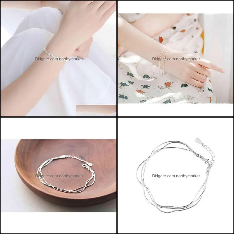 S925 Sterling Silver Bracelet women`s design Korean version simple personalized hand adornment three layer jewelry