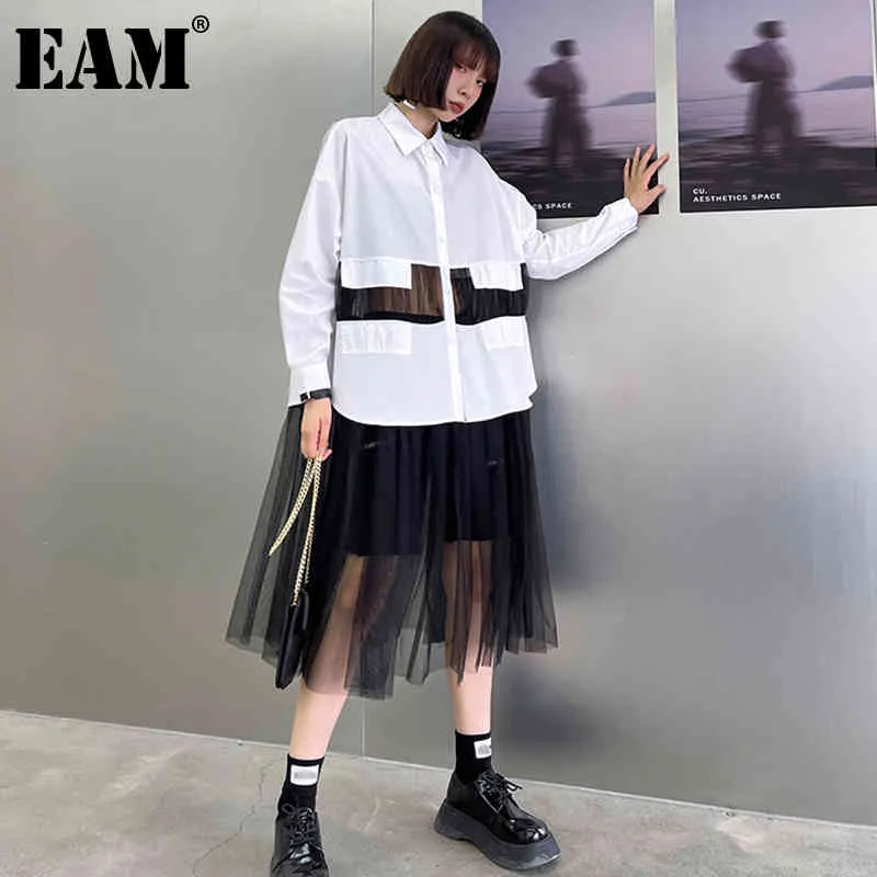 [EAM]女性ホワイトメッシュスプライスビッグサイズシャツラペル長袖ルースフィットファッション春秋1DD7933 21512
