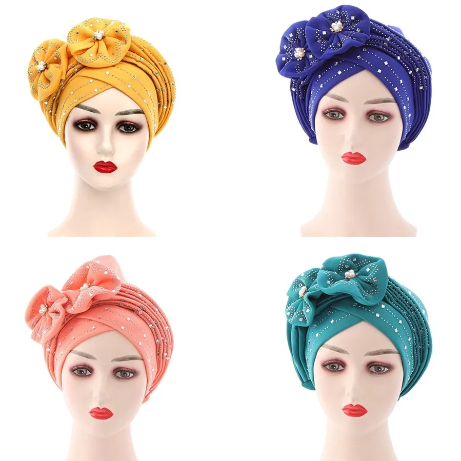 Chapeau pour femme Turban Cap Auto Gele Headtie Nigerian African Hats Ladies Islamic Head Wraps Wedding Caps Foulard musulman Femmes Femme Femme Cheveux Accessoires