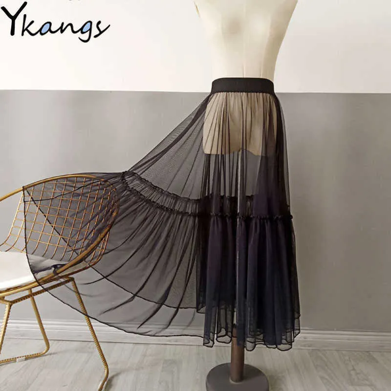 Women Sexy Mesh Transparent Long Tulle Skirt Korean Fashion Summer Ladies Elastic High Waist Black White Beach Midi Skirt 210619