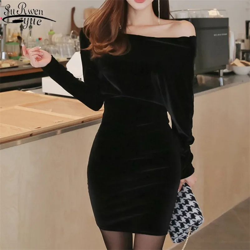 Spring Korean Velvet Dress Sexy Slash Neck Solid Long Sleeve Hip Woman Slant Shoulder Slim Bodycon 13008 210427