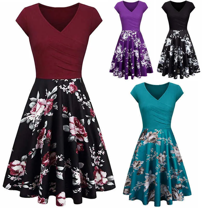 Plus Storlek S-4XL Sommar Kvinnor Klänningar Blommigtryck 50s 60s Vintage Rockabilly Casual Dot A-Line Retro Kvinna Vestidos 210526