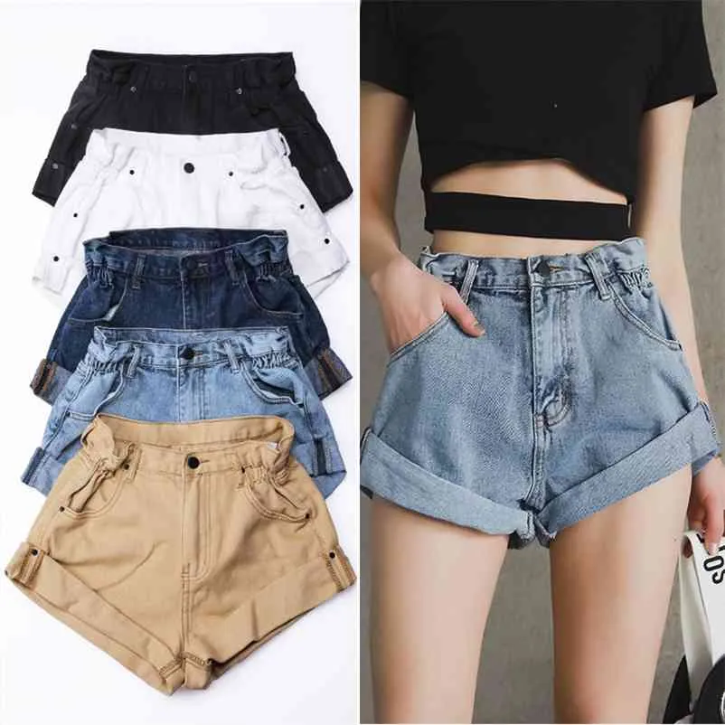 Kvinnors Denim Shorts Vintage Crimping High Waist Kvinna Koreansk stil Caual Elegant Sommar Ladies Black Jeans 210629