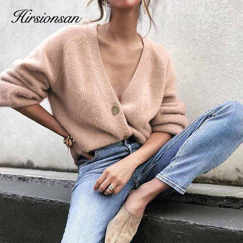 Fashion-Hirsionsan Elegant Långärmad Mohair Tröja Kvinnor Singelbröst Kvinna Kort Kardigan Mjukt Flexibelt Stickat Outwear