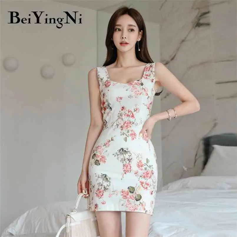 Sexy Club Mini Bodycon Dresses Womens Sleeveless Floral Print Skinny Elegant Vintage Korean Summer Strap Dress Ladies 210506