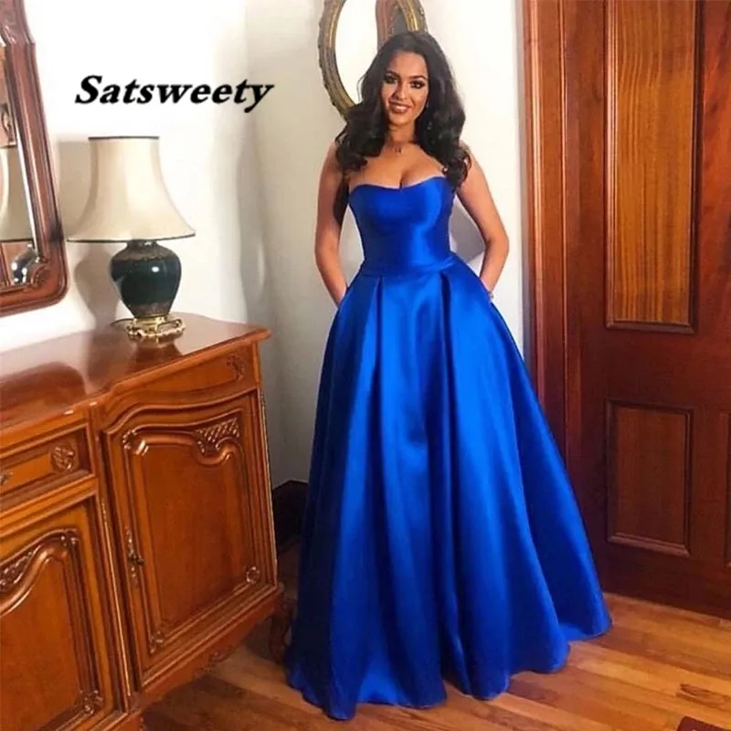 Prosta Royal Blue Prom Sukienka Długa A-Line Eleganckie Stain Formal Party Dresses Robe de Soiree z kieszenią