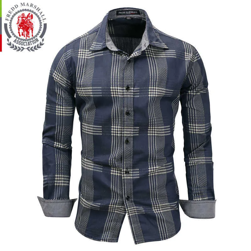Fredd marshall camisa homens camisa masculina puro algodão longo mangas compridas mens camisa casual xadrez camisa camisas para hombre fm119 210527