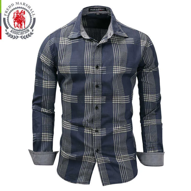 Фредд Маршалл Рубашка Мужчины Camisa Masculina Чистые хлопковые с длинными рукавами Мужские рубашки Повседневная клетчатая рубашка CamiSas Para Hombre FM119 210527