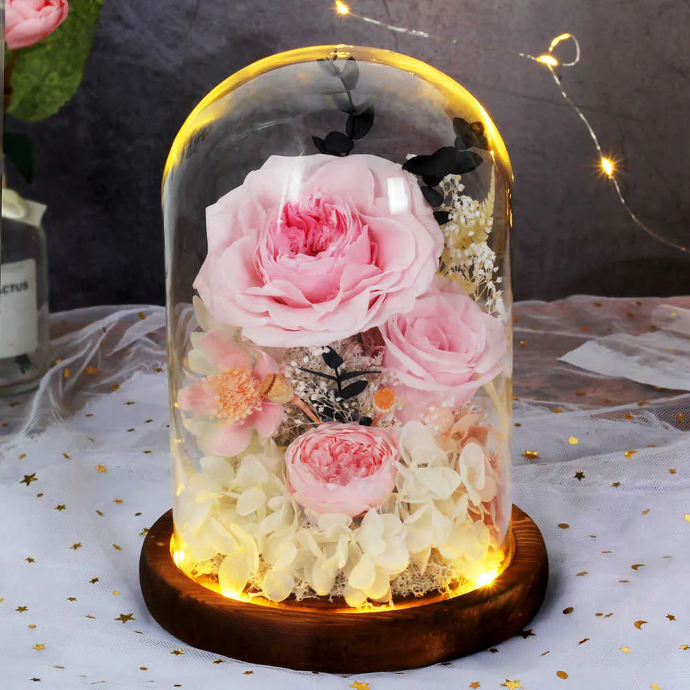 Valentine Mother Day Wedding Party Prezent zachowany Rose Immortal Kwiaty w szklanej kopule z lamp kwiatów dekoracji w domu Q0812