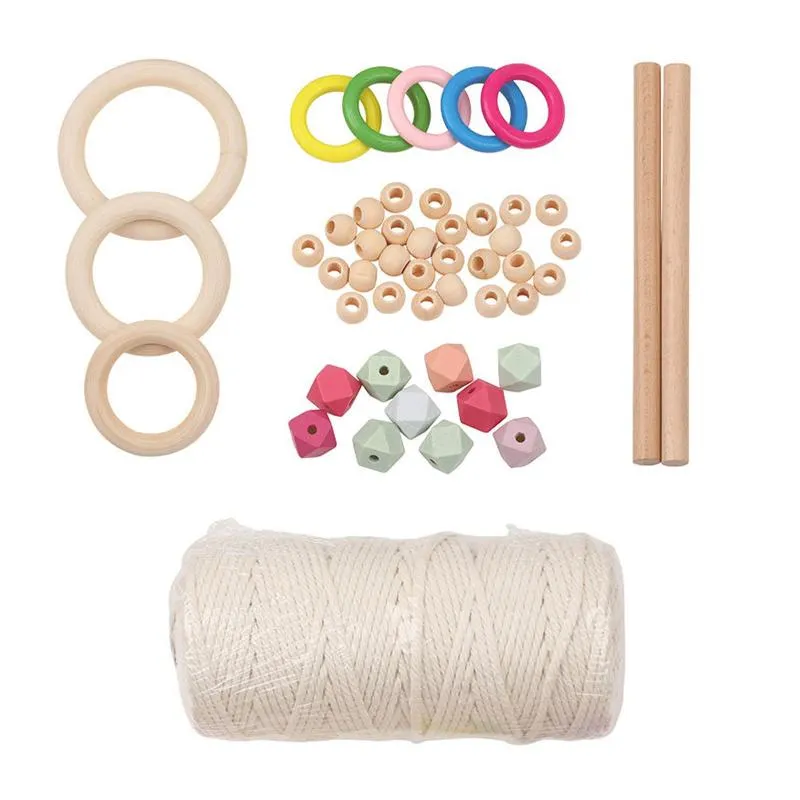 Tapeçarias Macrame Cord Kit Corda de algodão natural com anel de madeira para DIY Weave Tapeçaria Suprimentos Wall Hanging Plant Hanger