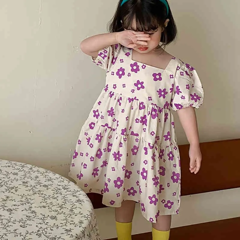 Girl Dress Summer Short-sleeve Flower Print Children's Toddler Kid Clothing Sweet Princess 210515