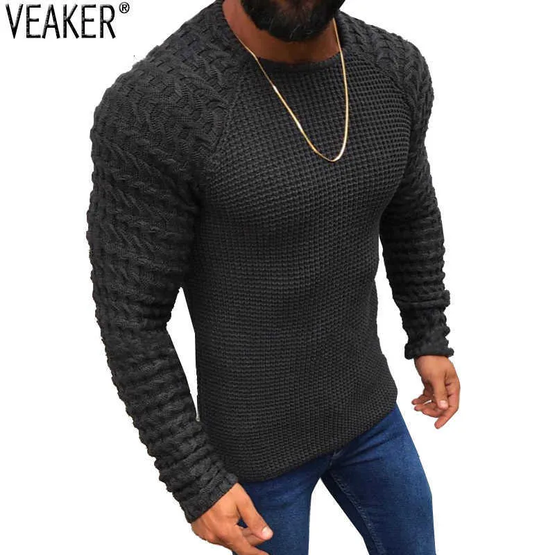 2019 New Mäns Plaid Patchwork O-Neck Sweater Toppar Man Höst Vinter Sexig Slim Fit Röd Svart Solida Färg Tröjor Pullovers 3XL Y0907