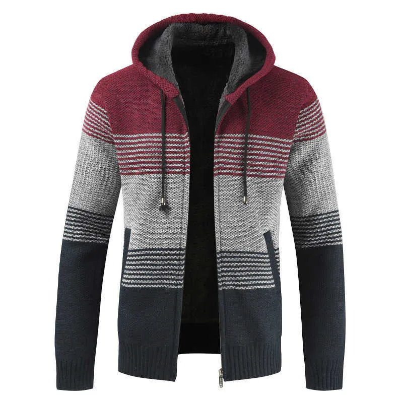 Sweater Coat Men Vinter Tjock Varm Hooded Cardigan Jumpers Striped Wool Liner Zipper Fleece Coats 210909