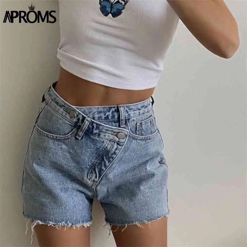 AProms Vintage Tassel Blå Denim Shorts Kvinnor Casual High Midja Bottoms Sommar Streetwear Fashion Solid Färg Jeans 210719