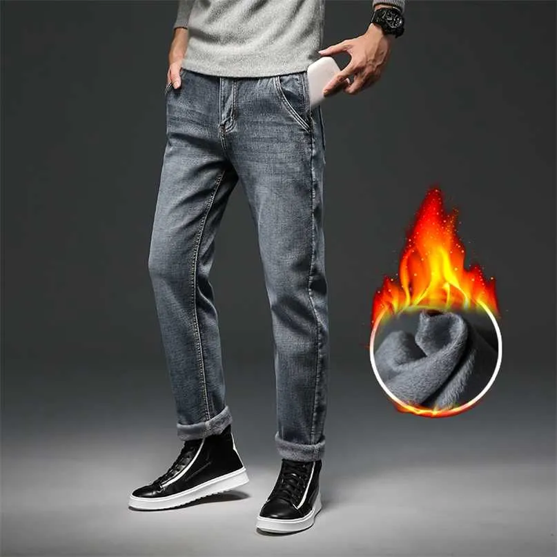 Jeans caldi invernali da uomo con cerniera antifurto Pantaloni in denim elasticizzato slim fit in cotone grigio blu di alta qualità Pantaloni di marca maschile 211108