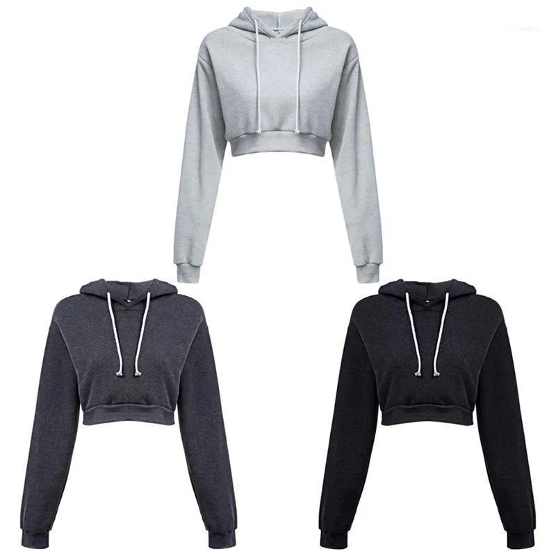 Höstkvinnor Solid Crop Långärmad Svart Grå Hooded Pullover Coat Casual Harajuku Kvinnlig Sweatshirt Top 3 Colors1