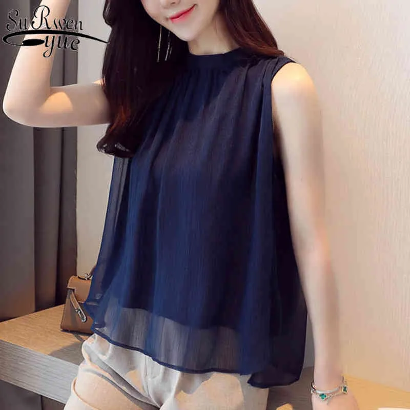 Koreański styl żeński letni biuro dama bluzki plus size bez rękawów szyfonowa bluzka Koszula baza luźna kamizelka o-neck 9458 50 210521