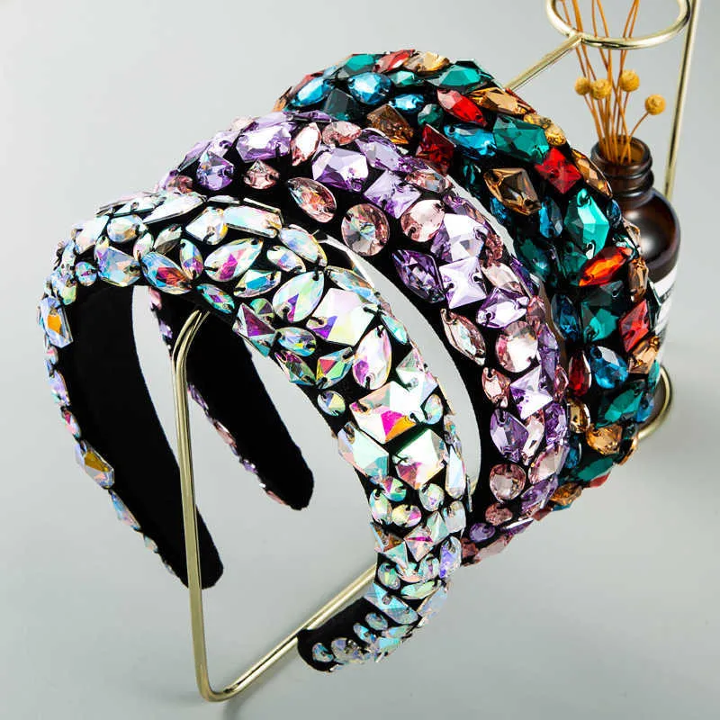 Luxury Baroque Sparkly Padded Rhinestone Headband Colorful Glass Crystal Embellished Wide Headwear Hairband Hair Accessories X0722