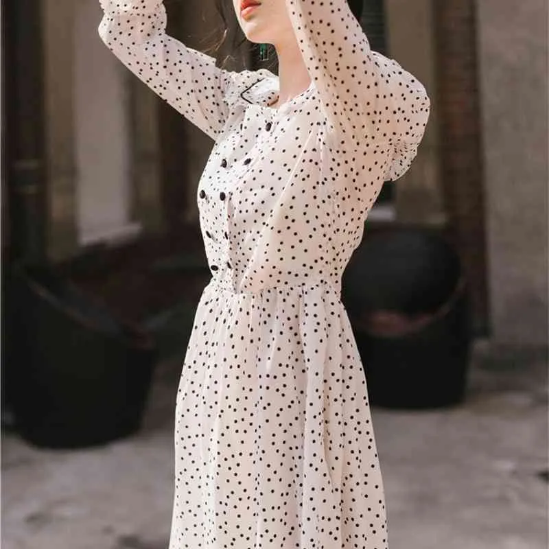 Sweet Girl White Mid-Calf Flare boho maxi dress with Peter Pan Collar and Dot Detailing - Perfect for Spring and Summer (210603)