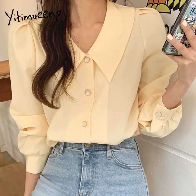 Yitimuceng кнопка рубашка женщины офис леди шифон топы корейский модный блузка однокомнатность желтый с длинным рукавом весна лето 210601