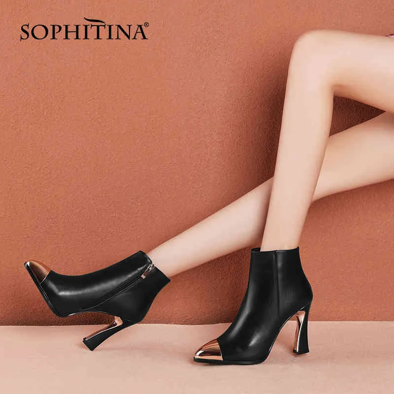 SOPHITINA Fashion Ankle Boots High Quality Genuine Leather Metal Pointed Toe Zipper Strange Style Boots Sexy Women Shoes SO683 210513