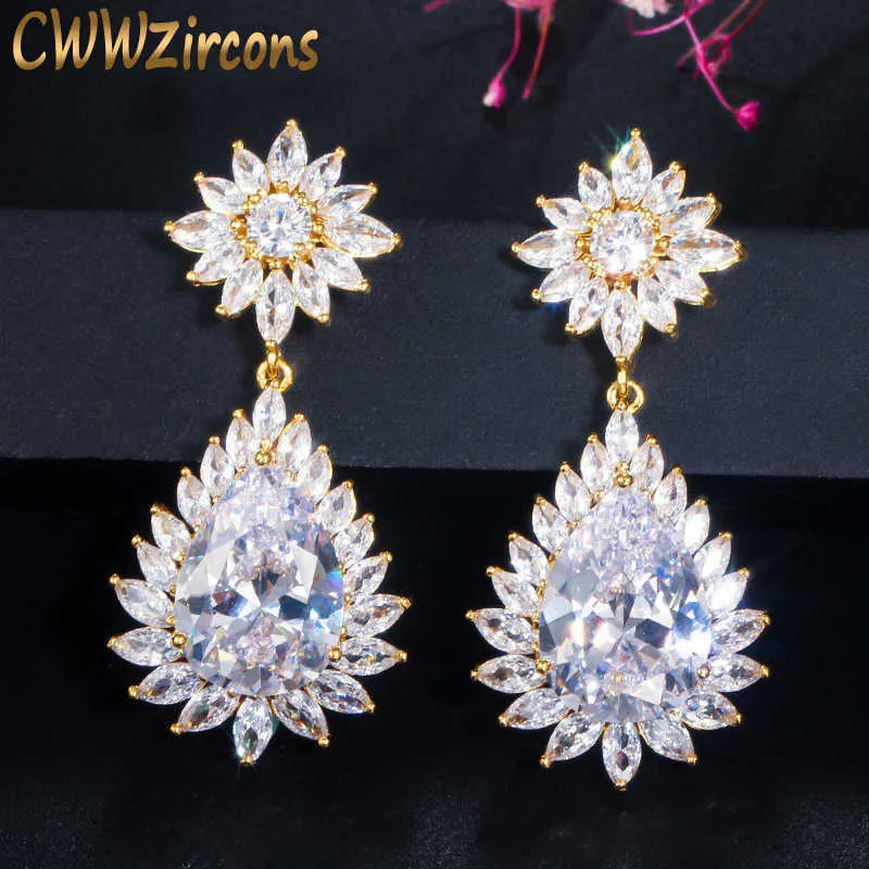 Brand Yellow Gold Color Large Water Drop Dangling Cubic Zirconia Long Diamante Earring Women Bridesmaid Jewelry CZ378 210714