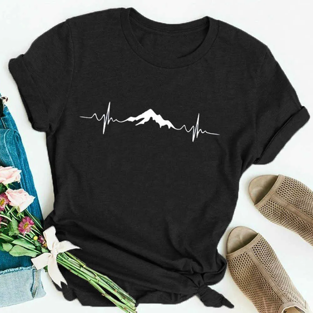 Mountains Hiking Heartbeat Print Women Tshirt Cotton Casual Funny T Shirt for Lady Yong Girl Top Tee Hipster Cotton Graphic Tees Y0629