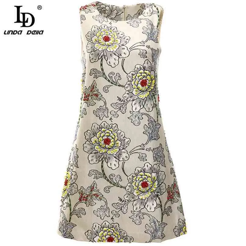 Мода взлетно-посадочная полоса лето платье женщины о-шеи элегантный цветочный жаккардовый роскошный бисером тонкий старинные дамы Mini 210522