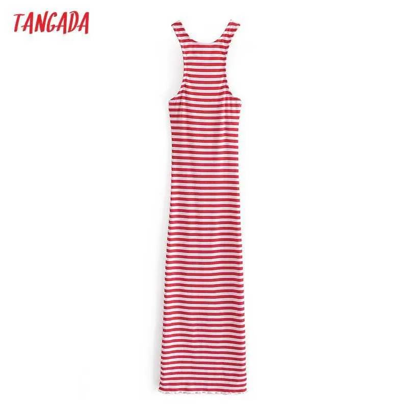 Tangada Fashion Red Striped Print Slim Tank Dresses for Women Female Casual Midi Dress 3W94 210609