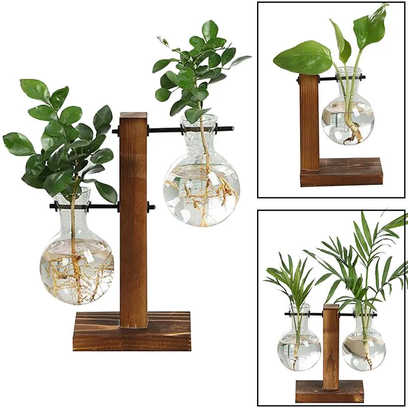 Planters & Pots Terrarium Hydroponic Plant Vases Vintage Flower Pot Transparent Vase Wooden Frame Glass Tabletop Plants Home Bonsai Decor