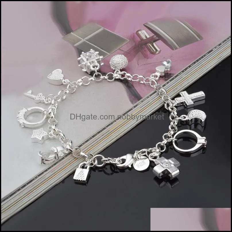 Luxury 925 sterling silver chains bracelets Key lock Cross Rings Star Moon Love Heart charm Lobster clasp bangle For women Fashion