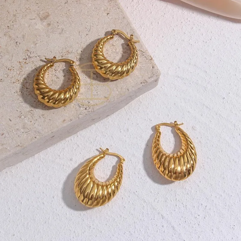 Hoop Huggie 2021 Avancerad ihålig rostfritt stålörhängen för tjejer 18k guld pvd cirkel ovala halvmåne hoops räkor mönster kvinnors smycken