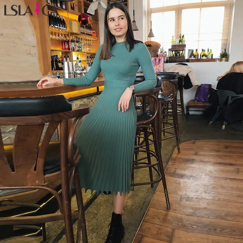 sweater dress empire waist Modest Empire Waist Long Sleeve Dress Waffle Knit with Pockets Slate Grey / X-Large main image 0