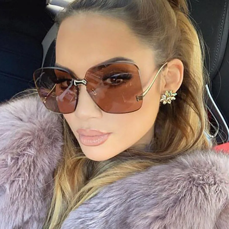 Solglasögon Kvinna Oversized Rimless Brown Feminine Glasögon Märke Gradient Lens Mode Solglasögon Kvinnor Modig Oculos 2019