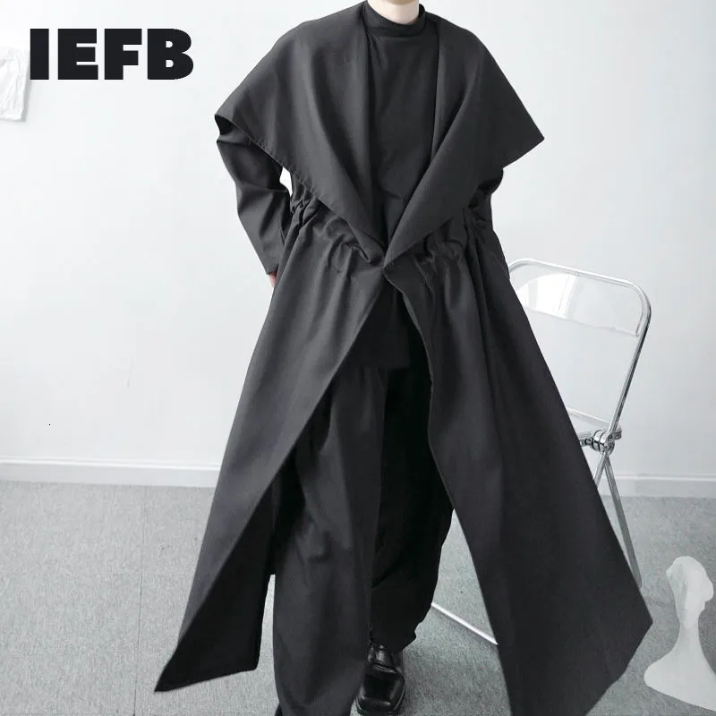 IEFB / Herrkläder Vår Stor Storlek Midlängd Trench Coat Black Drawstring Single Button Windbreaker Nisch Design Man 9Y4020 210524