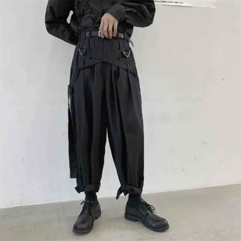 Men Japan Streetwear Punk Gothic Bandage Casual Harem Pant Male Vintage Hip Hop Wide Leg Trousers Stage Clothing Kimono 210715