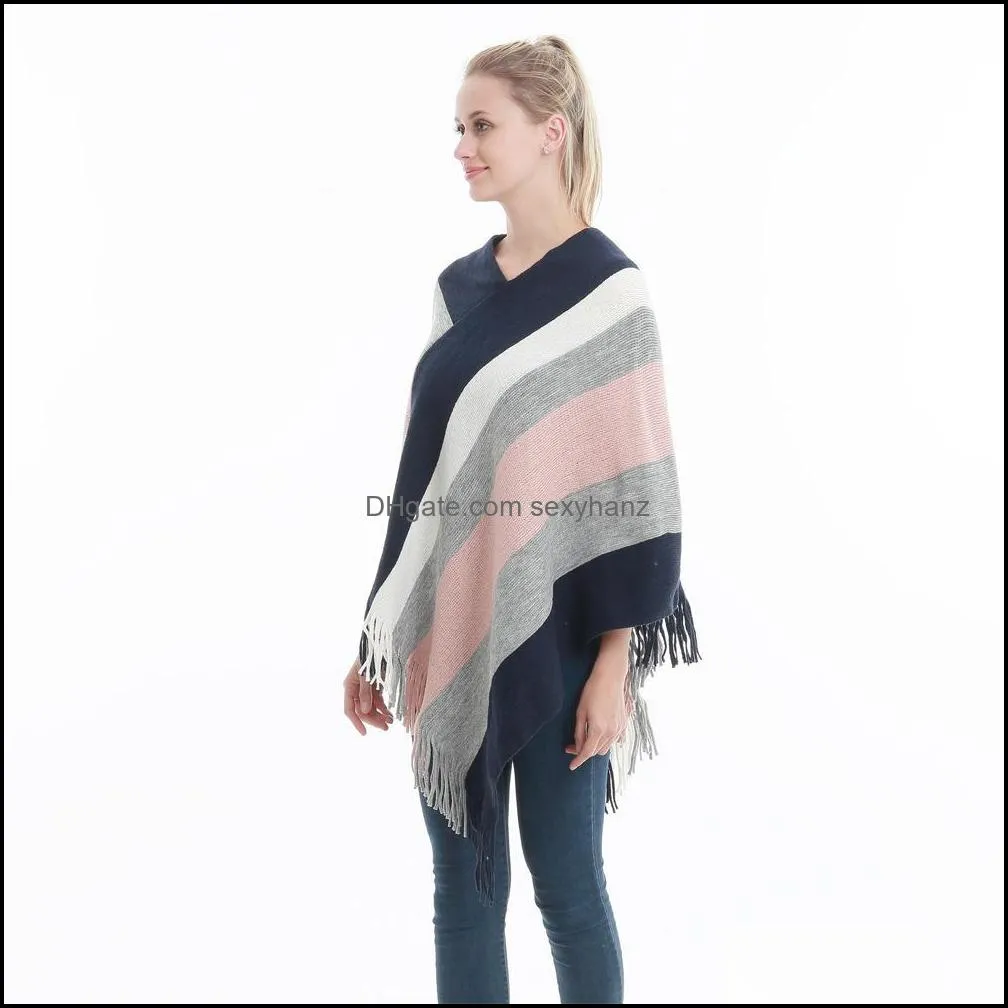 Women Striped Tassel Poncho Sweater Knit Scarf Wrap Loose Shawl Vintage Scarves Cloak Coat Girls Winter Warm Home Clothes GWF11084