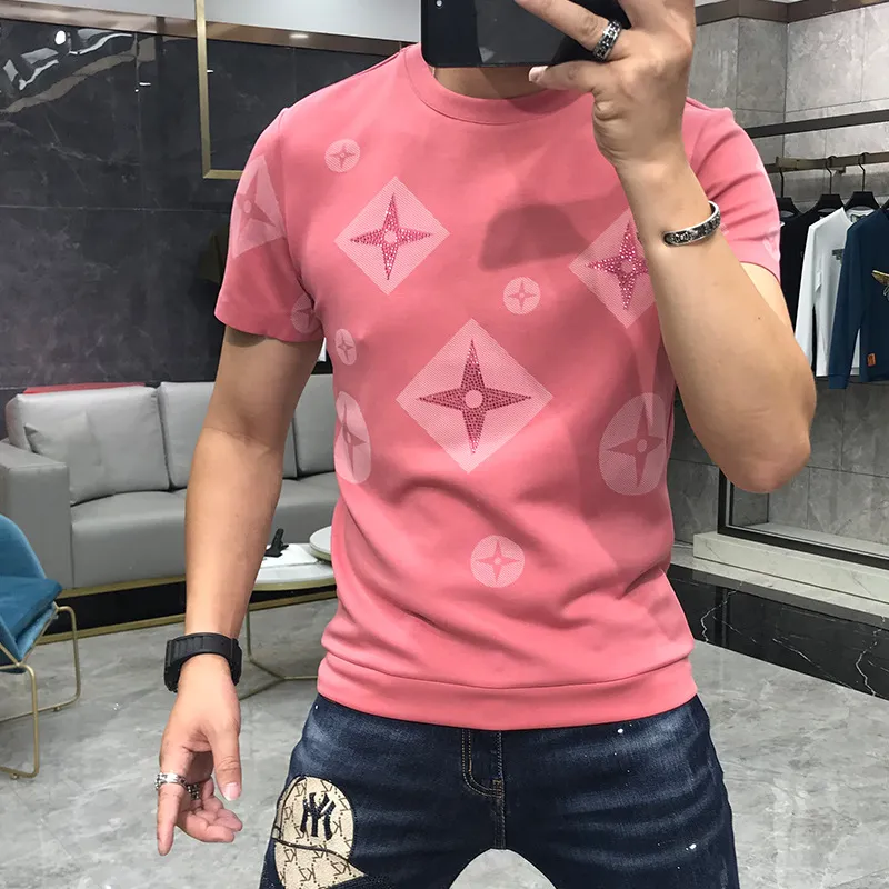 OOO T-shirts Luxury New Printing Mercerized Cotton Rhinestone Casual Male Slim Tees Designer Round Collar Short Sleeve Top Clothes Pink Blue M-5XL