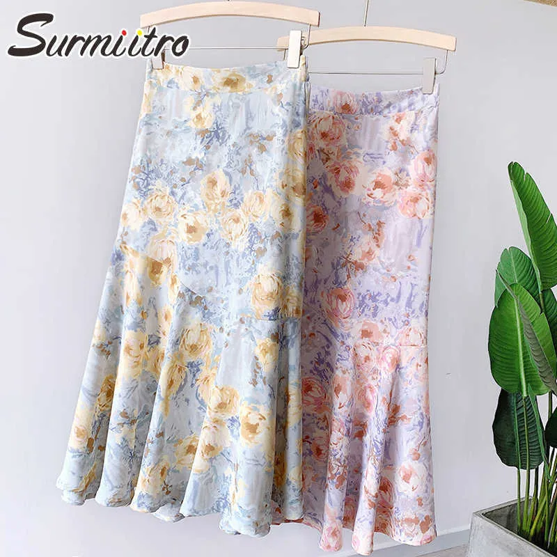 SURMIITRO Summer Korean Style Vintage Rose Oil Rainting Long Skirt Women High Waist Aesthetic Midi Mermaid Skirt Female 210712