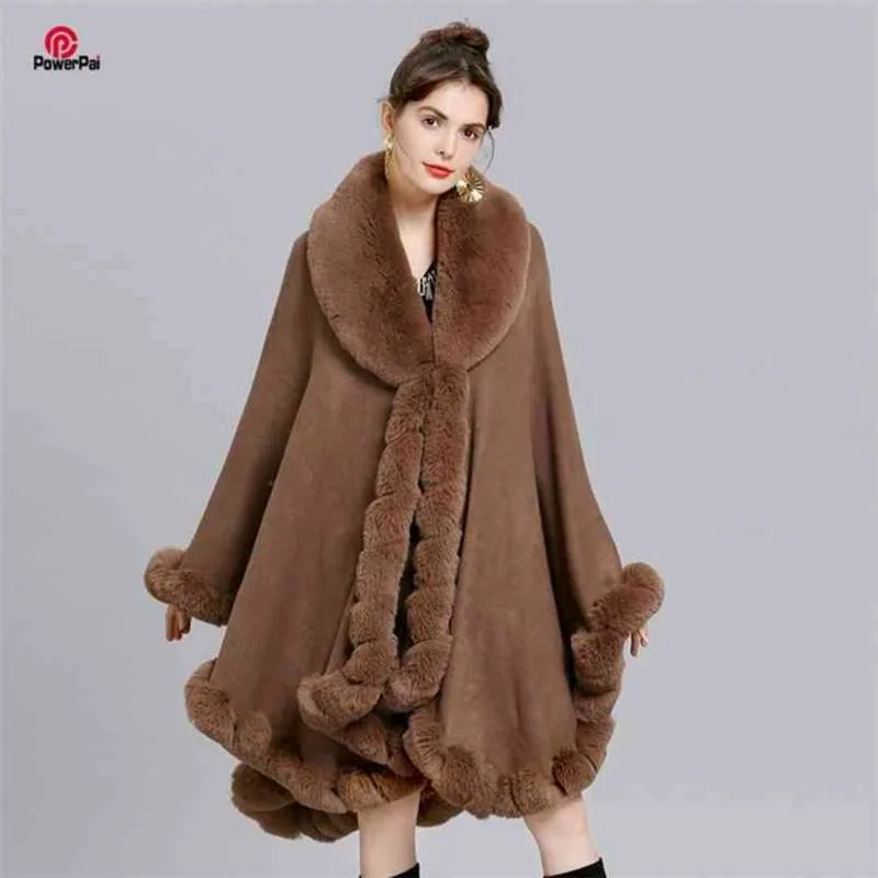 Elegancki V Lapel Rex Rabbit Fur Coat Cape Winter Women Duży Długi Szal Pełna Wykończenia Faux Fur Cashmere Cloak Płaszcz Parka 210925
